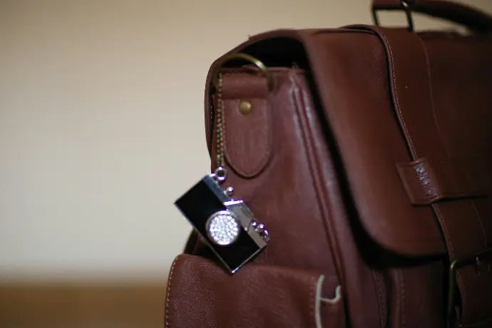 a piece of luggage with a keychain attached to it